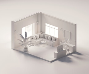 Isometric view white living room open inside interior architecture, 3d rendering digital art. © sarawut795