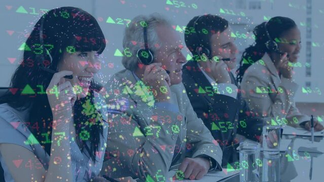 Animation of fireworks and stock market over diverse business people using phone headsets