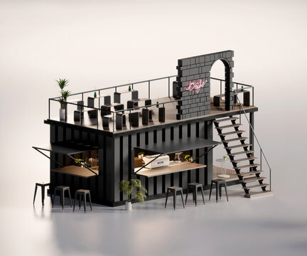 Isometric view minimal cafe and restaurant container store exterior architecture, 3d rendering digital art.