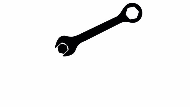 Vector video (animation) of a nut (bolt) appearing, which is tightened by a wrench, on a white background