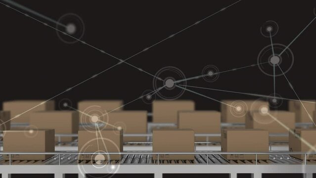 Animation of network of connections over boxes on conveyor belt