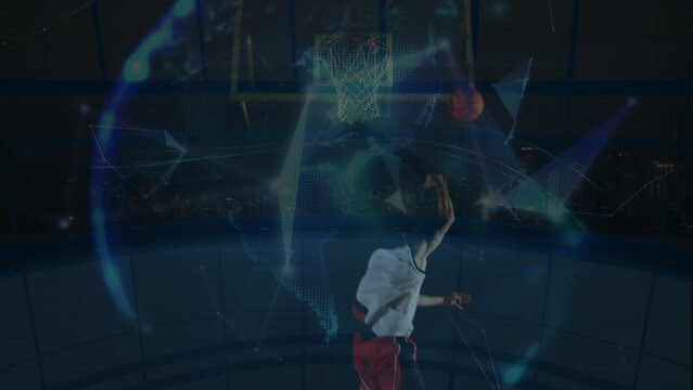 Animation of network of connections and globe over biracial basketball player