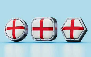 3d render Flag signs of England in three different shape frame, circle, square and hexagon