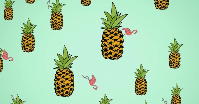 Animation of flamingo icons over pineapples icons
