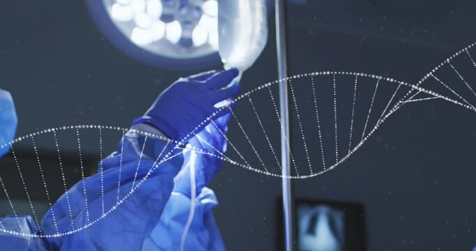 Animation of dna strand over diverse surgeons during surgery