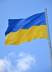  The national flag symbol of Ukraine  flutters in the wind against the blue sky with light  white clouds. I Independence and patriotism concept. Free copy space