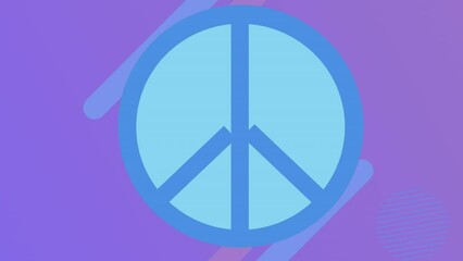 Animation of blue peace symbol in blue circle over moving shapes on purple background - Powered by Adobe