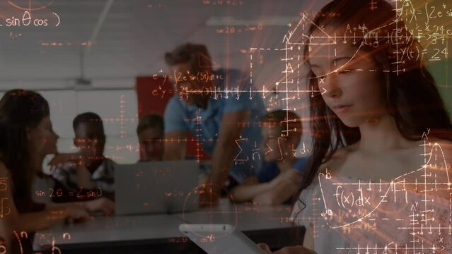 Mathematical equations floating against caucasian girl using digital tablet at school