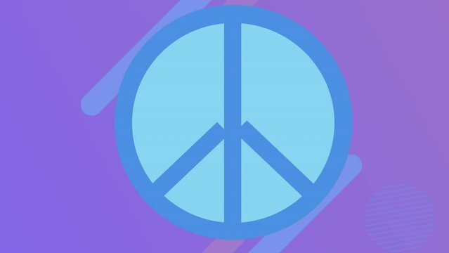 Animation of blue peace symbol in blue circle over moving shapes on purple background