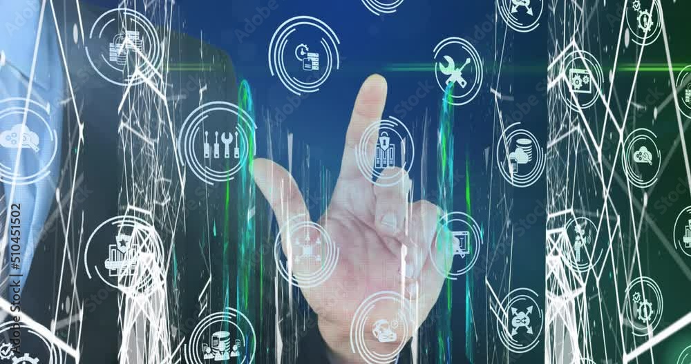 Poster animation of hand using touchscreen with business and data sharing icons over communication networks