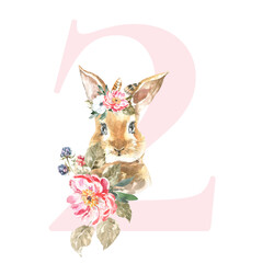 Watercolor Pink Animals Floral Number - digit 2 with cute watercolor bunny animal. Floral number element for baby shower, it's a girl, it's a boy, birthday, table number, digital invite, wedding