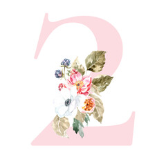 Watercolor Pink Animals Floral Number - digit 2 with cute watercolor bunny animal. Floral number element for baby shower, it's a girl, it's a boy, birthday, table number, digital invite, wedding