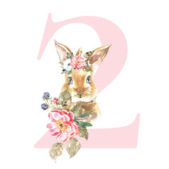 Watercolor Pink Animals Floral Number - digit 2 with cute watercolor bunny animal. Floral number element for baby shower, it's a girl, it's a boy, birthday, table number, digital invite, wedding
