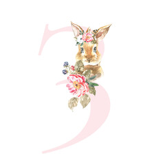Watercolor Pink Animals Floral Number - digit 3 with cute watercolor bunny animal. Floral number element for baby shower, it's a girl, it's a boy, birthday, table number, digital invite, wedding