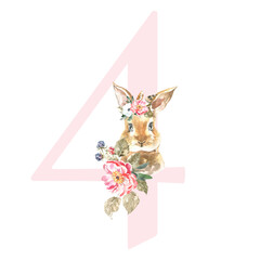 Watercolor Pink Animals Floral Number - digit 4 with cute watercolor bunny animal. Floral number element for baby shower, it's a girl, it's a boy, birthday, table number, digital invite, wedding