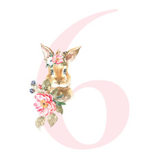 Watercolor Pink Animals Floral Number - digit 6 with cute watercolor bunny animal. Floral number element for baby shower, it's a girl, it's a boy, birthday, table number, digital invite, wedding