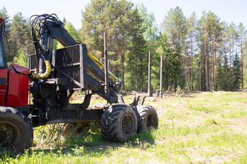 Logging equipment.Harvester and forwarder at the logging site.