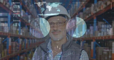 Animation of financial graphs and data over caucasian senior male warehouse worker - Powered by Adobe