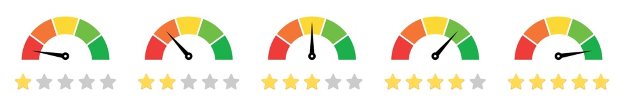 Speedometer, gauge meter icons with stars. Scales, level of performance. Speed dial indicator. Green and red, low and high barometers, dashboard with arrows. Vector. Infographic of risk, gauge, score