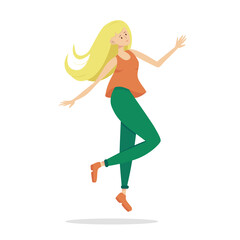 Fototapeta na wymiar Happy jumping woman isolated on white. Floating woman vector illustration