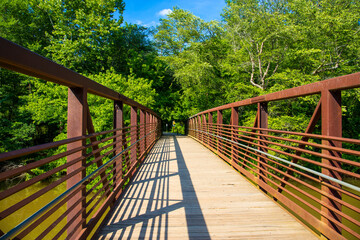 a long metal rust colored bridge over the silky brown waters of Little River surrounded by lush green trees, grass and plants with blue sky and clouds at Olde Rope Mill Park in Woodstock Georgia 