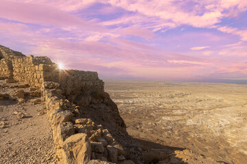 Israel Panoramic views from Masada Fortress in National Park in Negev Judaean Desert near Dead Sea.