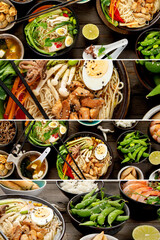 Collage of Asian dishes and snacks on wooden background.