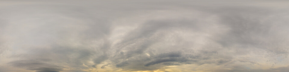Fototapeta premium Overcast sky panorama on rainy day with Nimbostratus clouds in seamless spherical equirectangular format. Full zenith for use in 3D graphics, game and for aerial drone 360 degree panorama as sky dome.