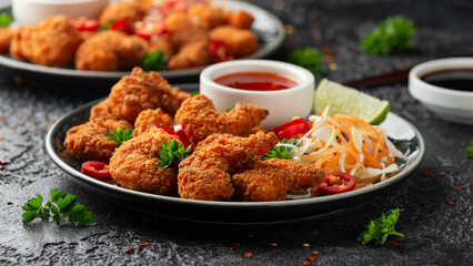 Crispy Prawns in breadcrumbs. Served with cabbage, carrot salad and soy and sweet chilli sauce
