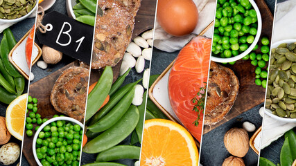 Collage of food high in vitamin B1.
