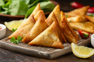 Fried samosas with vegetable filling, popular Indian snacks on wooden board