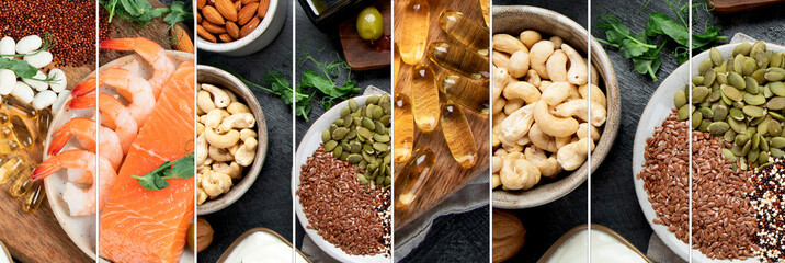 Collage of assortment of omega 3 best sources..
