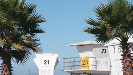 Lifeguard stand and palm tree, life guard tower for surfing on California beach. Summer pacific...