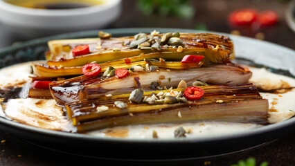 Sweet and sour braised leeks over whipped feta cheese, vegetarian vegan summer Asian style food...