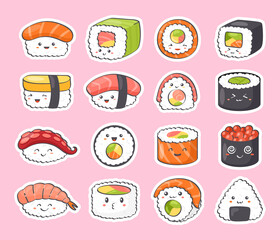Kawaii Sushi stickers. Vector icon set of cute sushi, rolls, nigiri, sashimi with smiling face and pink cheeks in kawaii style. Japanese asian traditional food. Cartoon emoji for textile, web, print