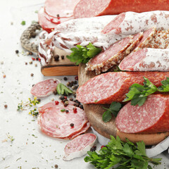 Sausages salami assortment on light background.