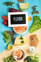 Pescatarian diet on colourful background.