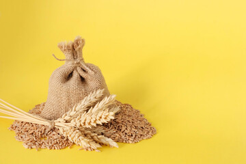Grain, bag of wheat. Yellow background. The concept is a symbol of the harvest, the food crisis during the war. Import, export of grain. Agriculture.