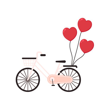 Pink Bicycle. Bicycle with red heart shaped balloon. Line icon. Valentine's day card idea. Cute bike with flying heart. T-shirt design. Love, wedding or romantic date concept.