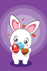 White Bunny in mask with Easter eggs card