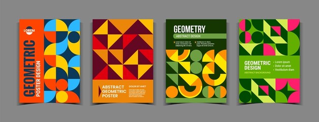 Abstract geometric posters. Minimal design pattern background with graphic texture and modern lines with Bauhaus retro triangles. Contemporary vertical mosaic banners vector trendy set