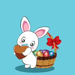 White Bunny in mask with Easter eggs card