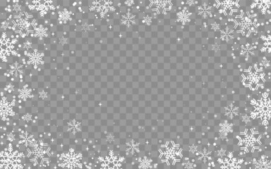 Snow border frame. Frost christmas on transparent background, winter holidays banner design with glitter texture effect. White snowflake decorative backdrop. Vector blizzard flat illustration