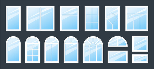 Window frame. Glass house building. Office architecture. Classic facade of city apartment. Home interior and modern exterior. Square or arch shapes. Vector construction elements set