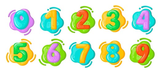 Cartoon numbers font. Fun childhood numbers for baby birthday. Colorful design elements. Kids birthday cute decor, mathematics in elementary school. Vector numeral graphic illustration