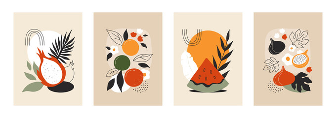 Abstract fruit posters set. Line art boho food with fruit decor, colorful summer foliage, exotic plants, summer or spring composition, modern leaf cards. Minimal vector tropical shapes