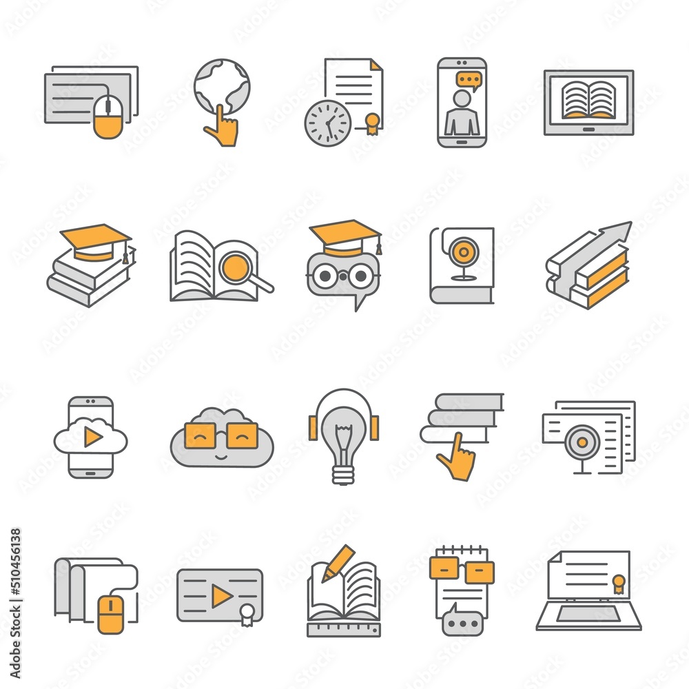 Poster e-learning icon. digital education. online webinar with outline symbol of school graduation and dist