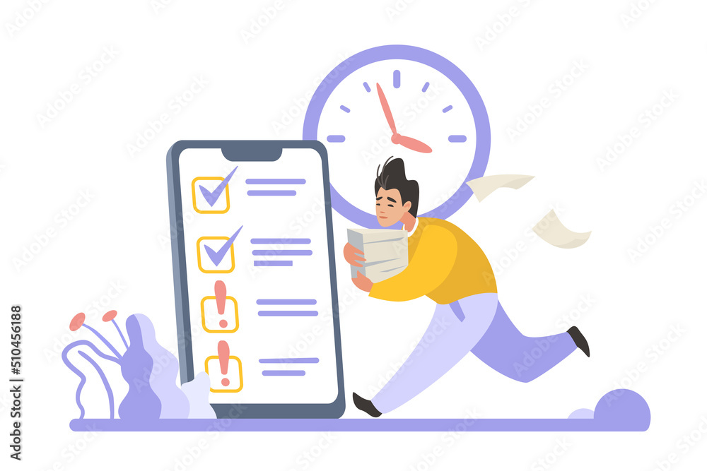 Aufkleber Planning schedule scene. Time management concept. Goals organizing. Tasks priority and daytime routine. Smartphone to do list. Harrying man with papers stack. Vector mobile planner