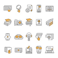 E-learning icon. Digital education. Online webinar with outline symbol of school graduation and distance college. Web studying pictograms. University training. Vector line signs set