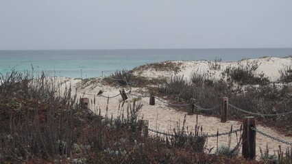 Ocean beach sandy dunes, Monterey nature, California misty coast, USA. Foggy rainy autumn or winter weather, grey cloudy sky. Trail path on shore near cold sea waves. Moody calm tranquil atmosphere.